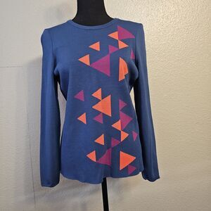 AVA Sweater Size L Blue Geometric Triangle Knit Long Sleeve Colorblock BB642